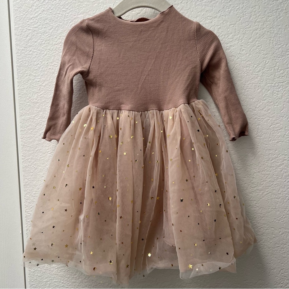 Pink Long Sleeve Dress with Starry Tulle Skirt